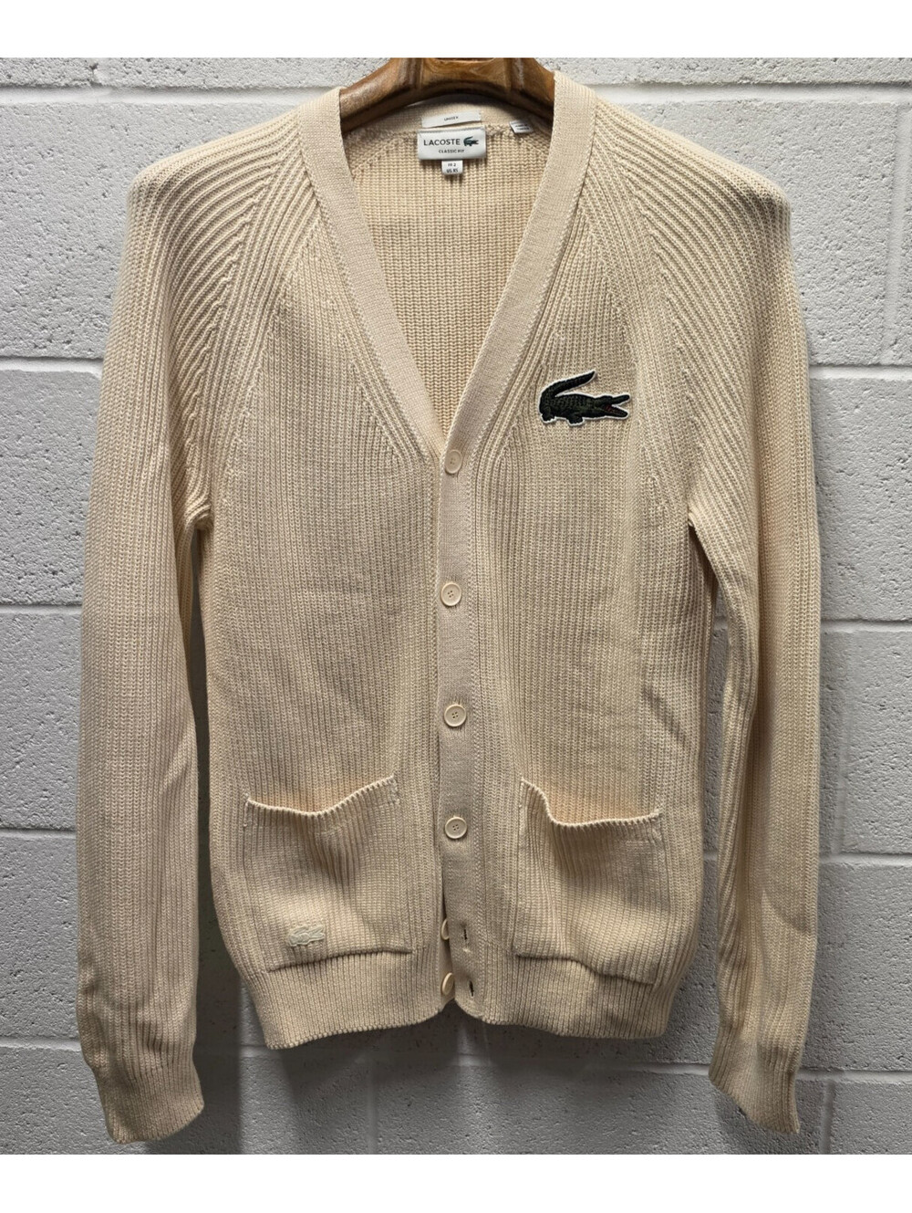 Lacoste Unisex Chunky Knit Cardigan Sweater Beige FR 2 XS Cotton 20x30